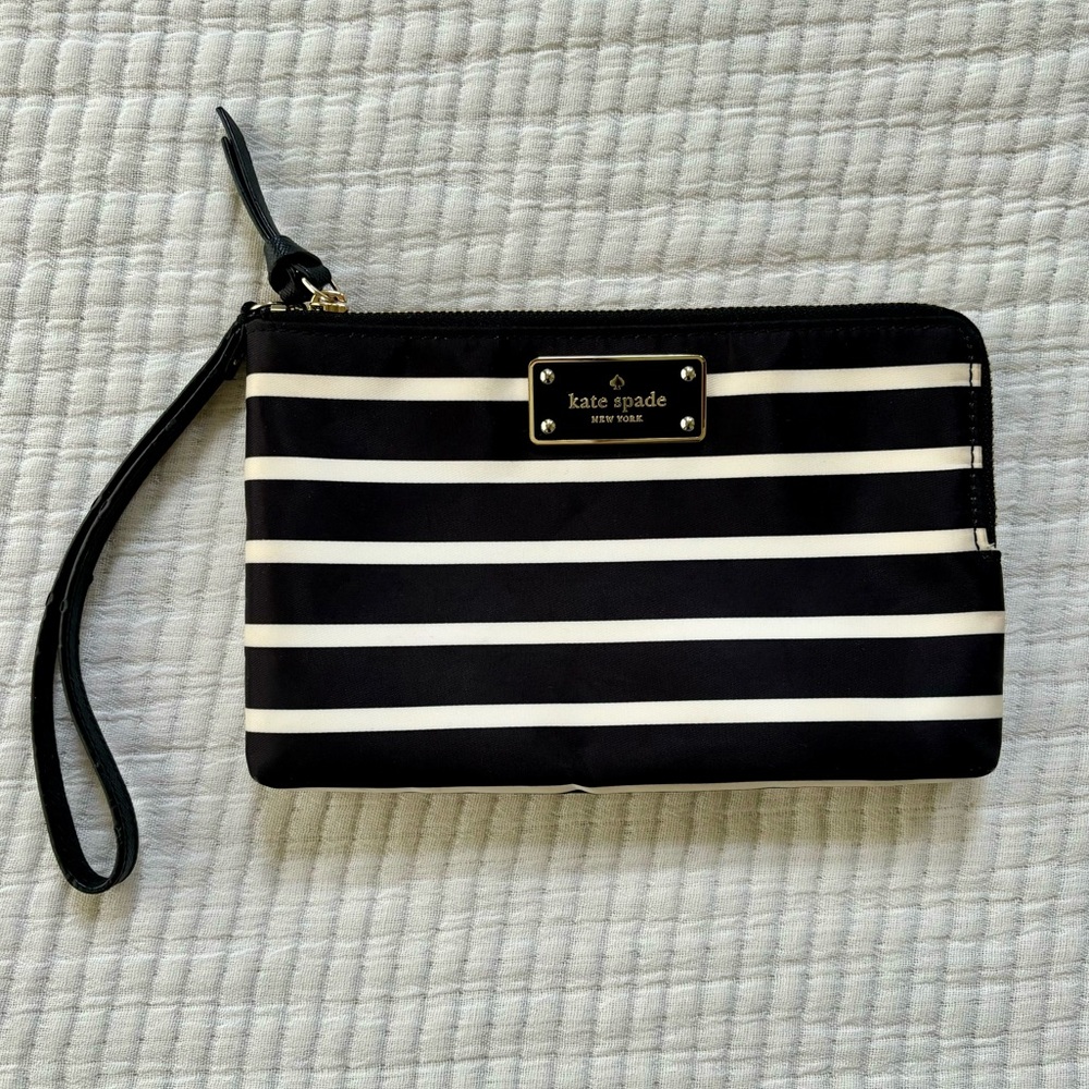 Kate Spade Leoni Nylon Wristlet French Stripe Black and Cream Classic Style